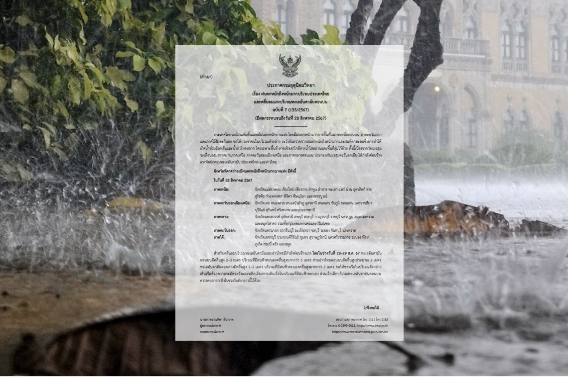กรมอุตุฯ เตือน ฉ.7 กทม.-54 จว. ฝนตกหนักถึงหนักมาก อันดามัน-อ่าวไทย คลื่นสูงเรือเล็กงดออกฝั่ง