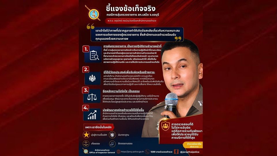 จเรตำรวจแจงสุ่มตรวจโรงพักชลบุรี ไม่ใช่จับผิด มุ่งยกระดับบริการประชาชน