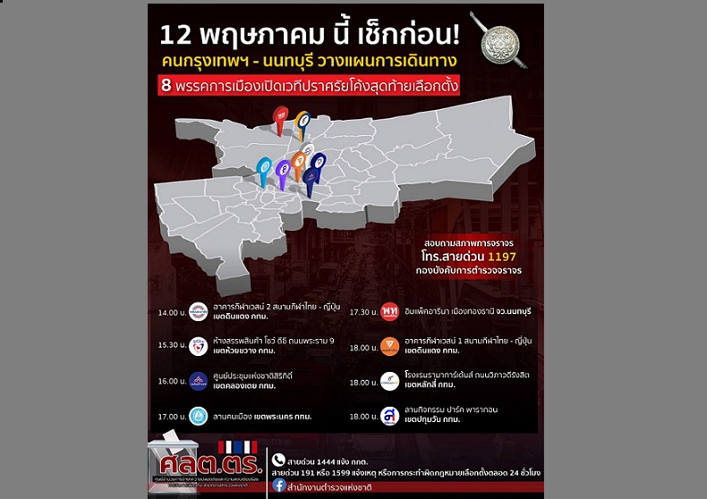 เช็คด่วน!!พิกัดปราศรัยใหญ่ของพรรคการเมือง 8 จุดวันนี้ก่อนเดินทางกลับบ้าน