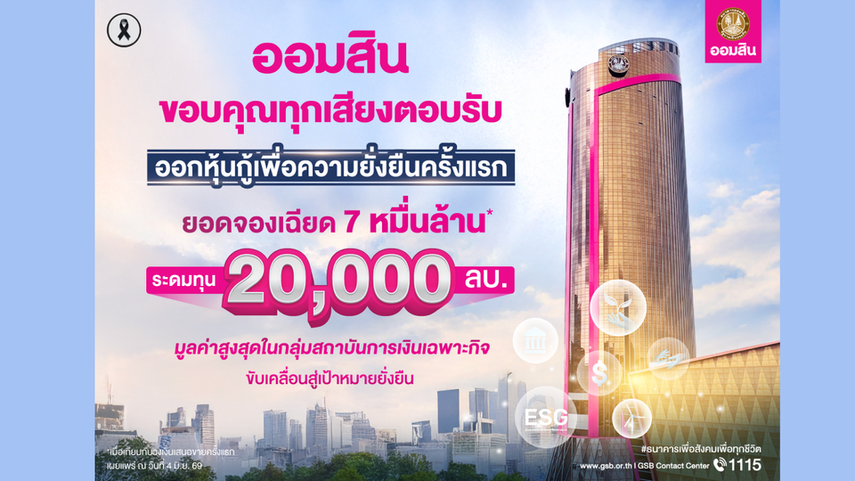 ออมสิน สร้างปรากฏการณ์! ออกหุ้นกู้เพื่อความยั่งยืนครั้งแรก ยอดจองเฉียด 7 หมื่นล้าน