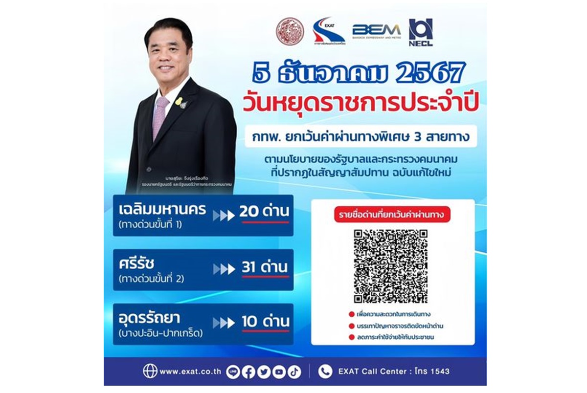 ข่าวดี! ทางด่วนเปิดให้วิ่งฟรี 5 ธันวาคม 3 สายทาง 61 ด่าน 