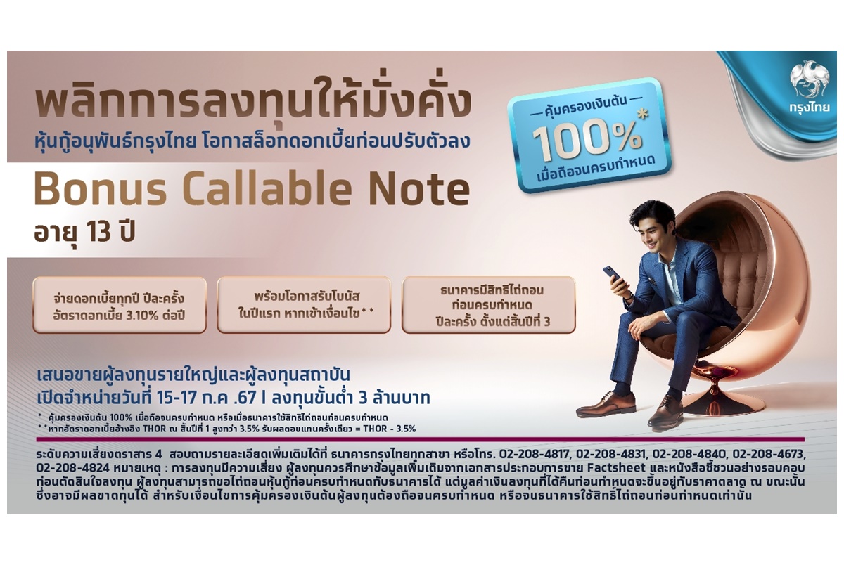 พลิกโอกาสลงทุน ล็อค ดบ.สูง 3.10% กับหุ้นกู้อนุพันธ์กรุงไทย Bonus Callable Note โอกาสรับผลตอบแทนโบนัสปีแรก จองซื้อ 15-17 ก.ค.นี้