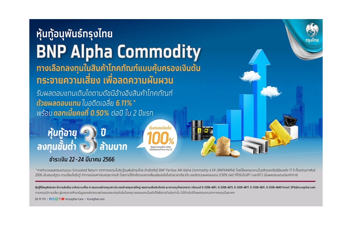 กรุงไทยขายหุ้นกู้อนุพันธ์ “BNP Alpha Commodity” คุ้มครองเงินต้น 100% ดีเดย์ 22-24 มี.ค.นี้ 