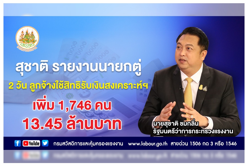 "สุชาติ" แจ้งนายกฯ ลูกจ้างยื่นใช้สิทธิรับเงินสงเคราะห์ฯ เพิ่ม 1,746 คน วงเงิน 13.45 ล้าน