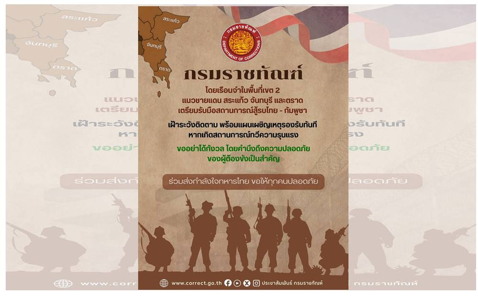 "กรมราชทัณฑ์" แจ้งเตรียม "แผนเผชิญเหตุ" เรือนจำ "สระแก้ว-จันทบุรี-ตราด"  พร้อมรับมือเหตุปะทะชายแดนไทย-กัมพูชา