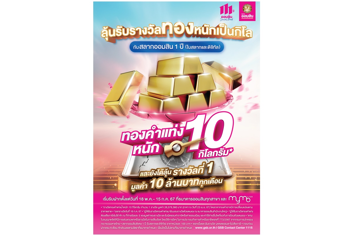 สลากออมสินพีคสุด! ลุยแจกต่อเพิ่มทองคำแท่งหนัก 10 กิโลกรัม เปิดรับฝากตั้งแต่วันนี้-15 ก.ค.67 จับรางวัลผู้โชคดี 16 ก.ค.นี้