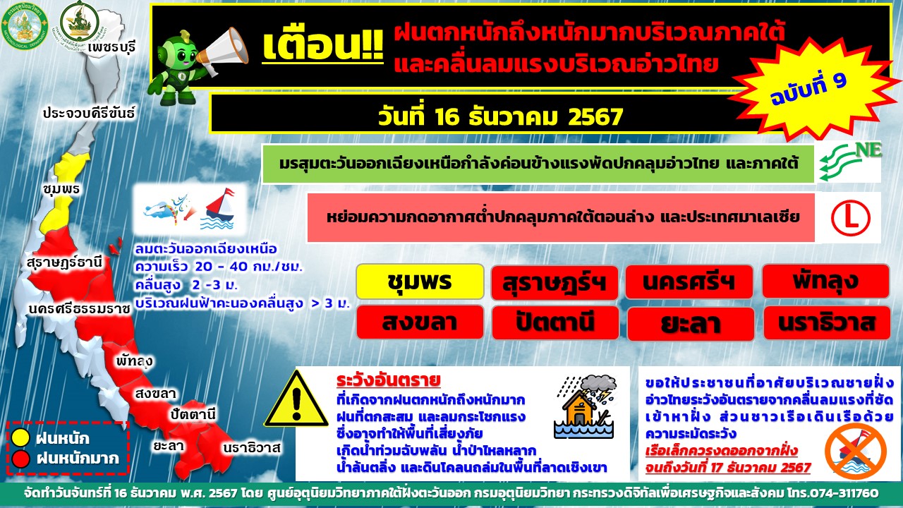 อุตุฯ ประกาศเตือน ฉบับที่ 9 "ฝนถล่ม 8 จังหวัดใต้” พื้นที่เสี่ยงอันตราย น้ำท่วมฉับพลัน น้ำป่าหลาก น้ำล้นตลิ่ง ดินถล่ม