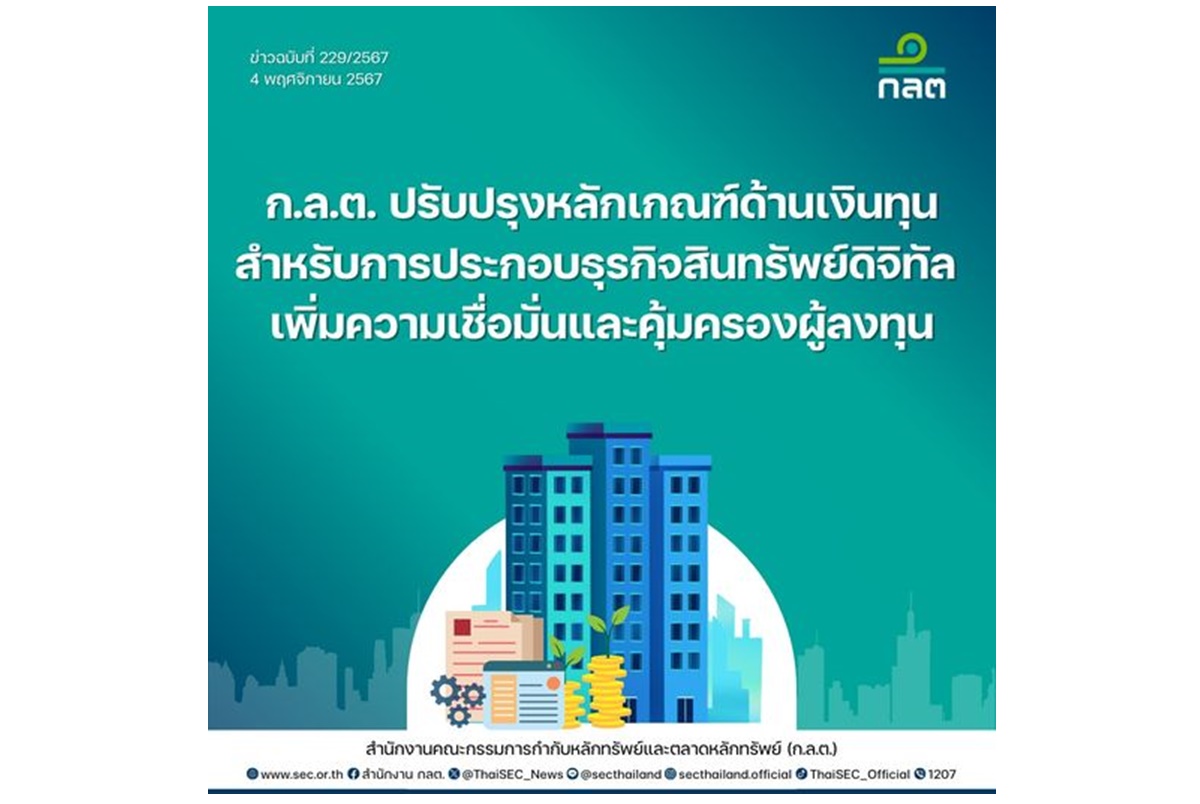 "ก.ล.ต." ปรับเกณฑ์ด้านเงินทุนสำหรับการประกอบธุรกิจสินทรัพย์ดิจิทัล เพิ่มความเชื่อมั่น-คุ้มครองผู้ลงทุน 