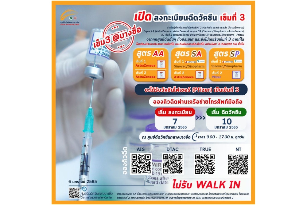 ศูนย์ฉีดวัคซีนบางซื่อ เปิดลงทะเบียนฉีดเข็ม 3 ผ่าน 4 ค่ายมือถือ 7 มค. เวลา 9 โมงเป็นต้นไป