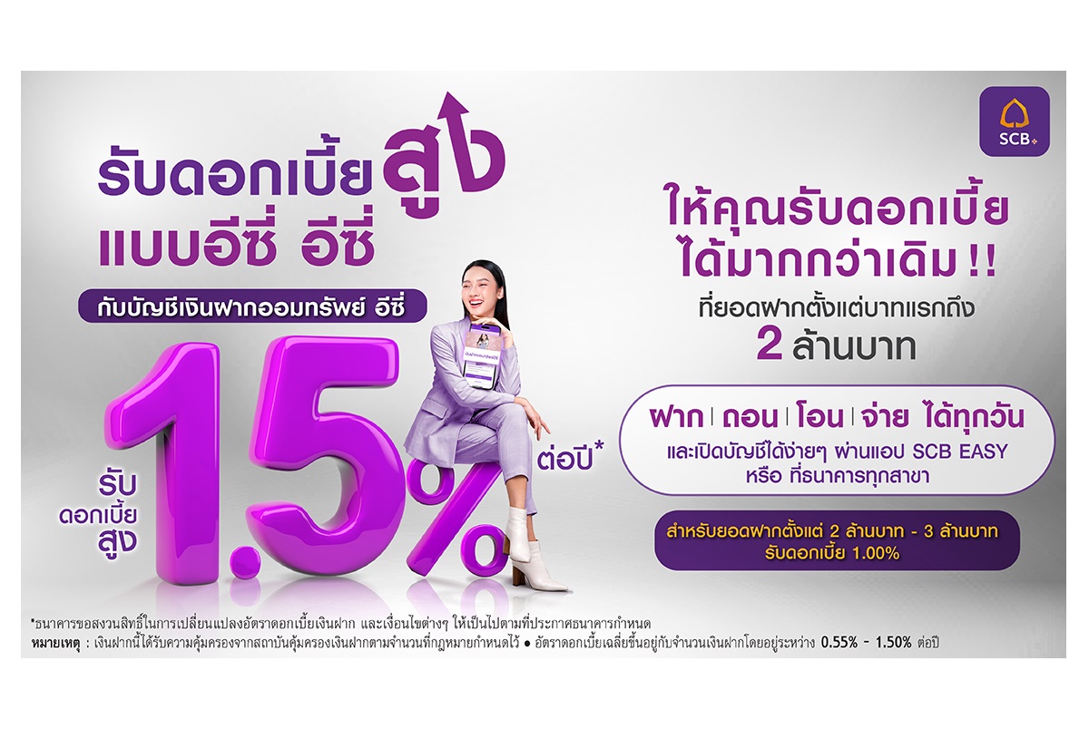SCB ส่งบัญชีเงินฝากออมทรัพย์ อีซี่ ดอกเบี้ยสูง 1.50% ต่อปีตั้งแต่บาทแรกถึง 2 ล้านบาท ฝาก-ถอน-โอน-จ่ายผ่าน SCB EASY ได้ทุกวัน