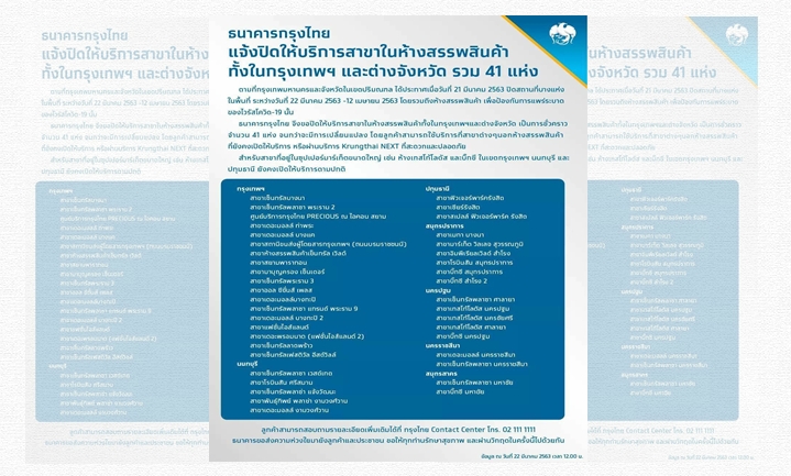 ธนาคารกรุงไทยปิด 41 สาขาในห้างสรรพสินค้าทั้งกรุงเทพฯ-ปริมณฑล-โคราช สกัดโควิด-19