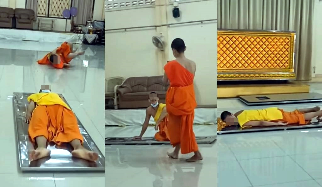 ไม้เรียวเจ้าอาวาสสั่น! สามเณร ซุกซนไถถาดใส่ศพเล่นแทนสเก็ตบอร์ด 