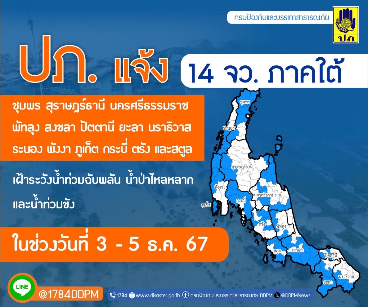 ปภ.แจ้ง 14 จังหวัดภาคใต้ เฝ้าระวังน้ำท่วมฉับพลัน น้ำป่าไหลหลาก และน้ำท่วมขัง  3 - 5 ธ.ค. 67
