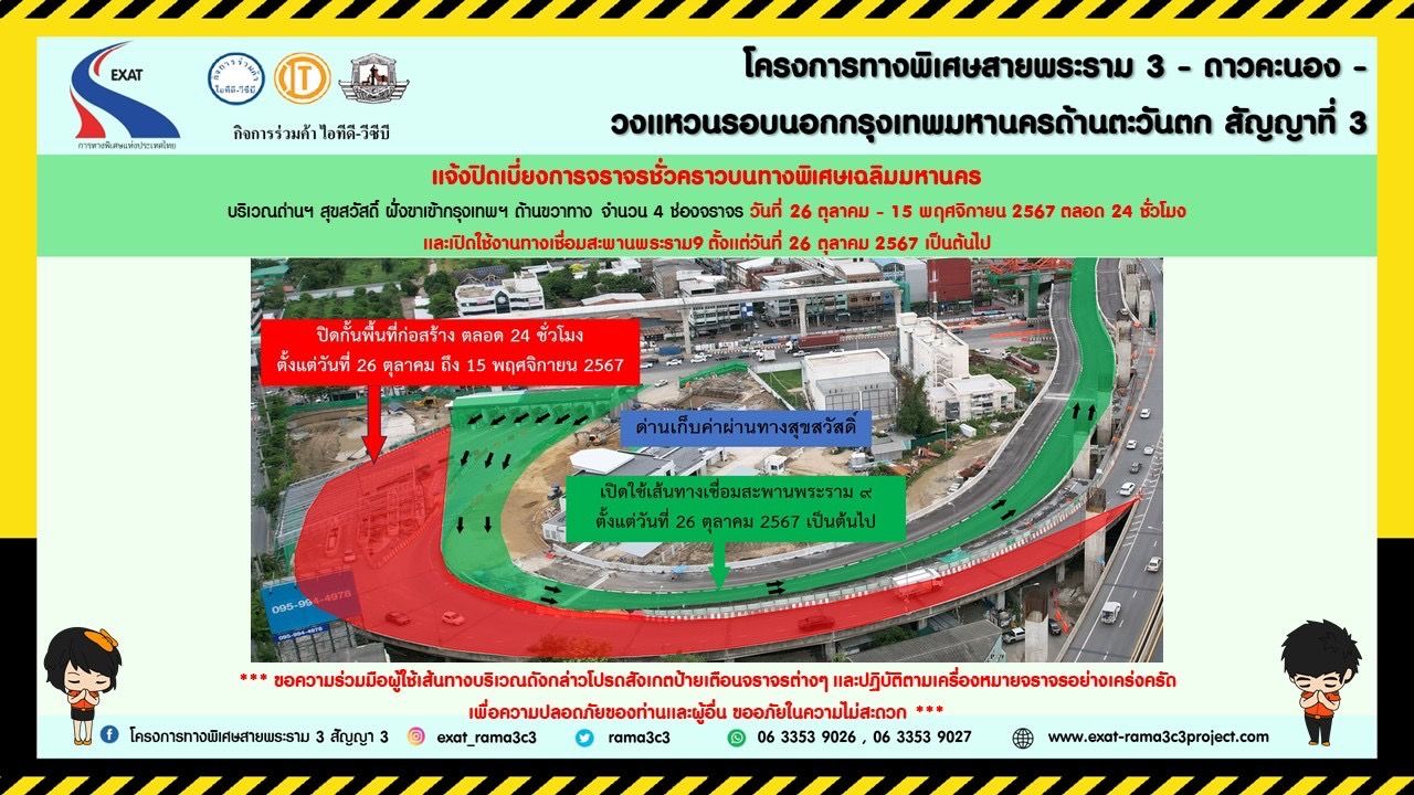 กทพ. แจ้งปิดเบี่ยงจราจรชั่วคราวทางพิเศษเฉลิมมหานคร บริเวณด่านฯสุขสวัสดิ์ (ฝั่งขาเข้า) เปิดใช้ทางเชื่อมสะพานพระราม 9