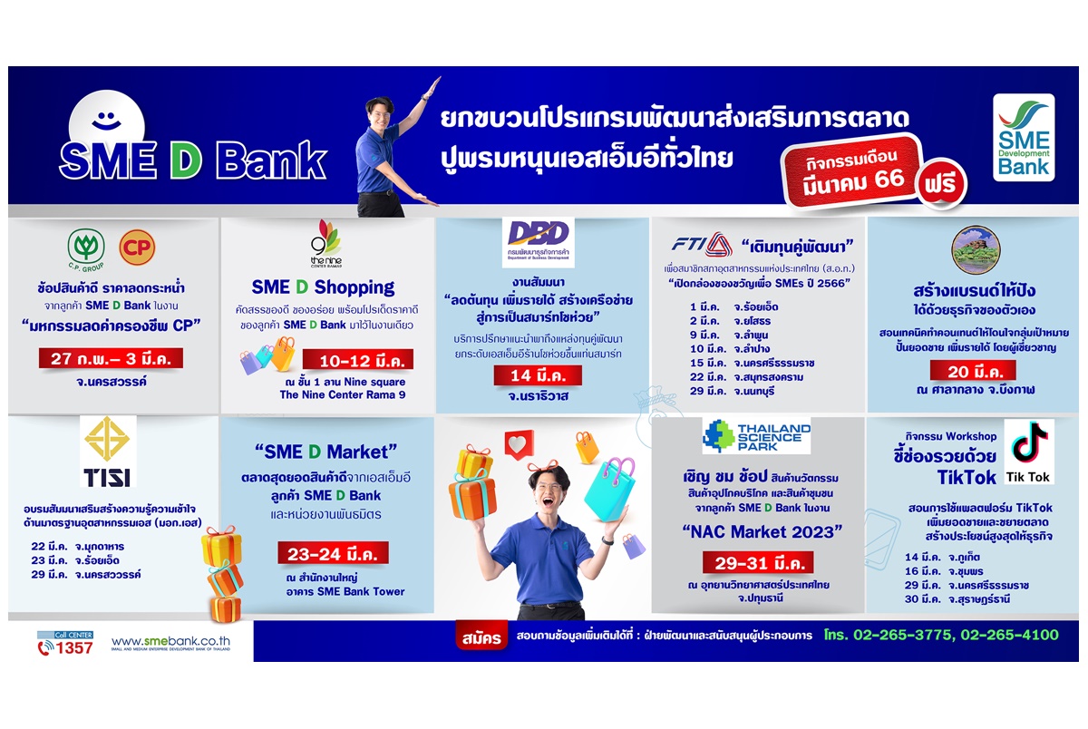 SME D Bank ยกขบวน 9 โปรแกรมพัฒนาส่งเสริมการตลาด ตลอดเดือน มี.ค.66 ปูพรมหนุนเอสเอ็มอีไทยทั่วไทย