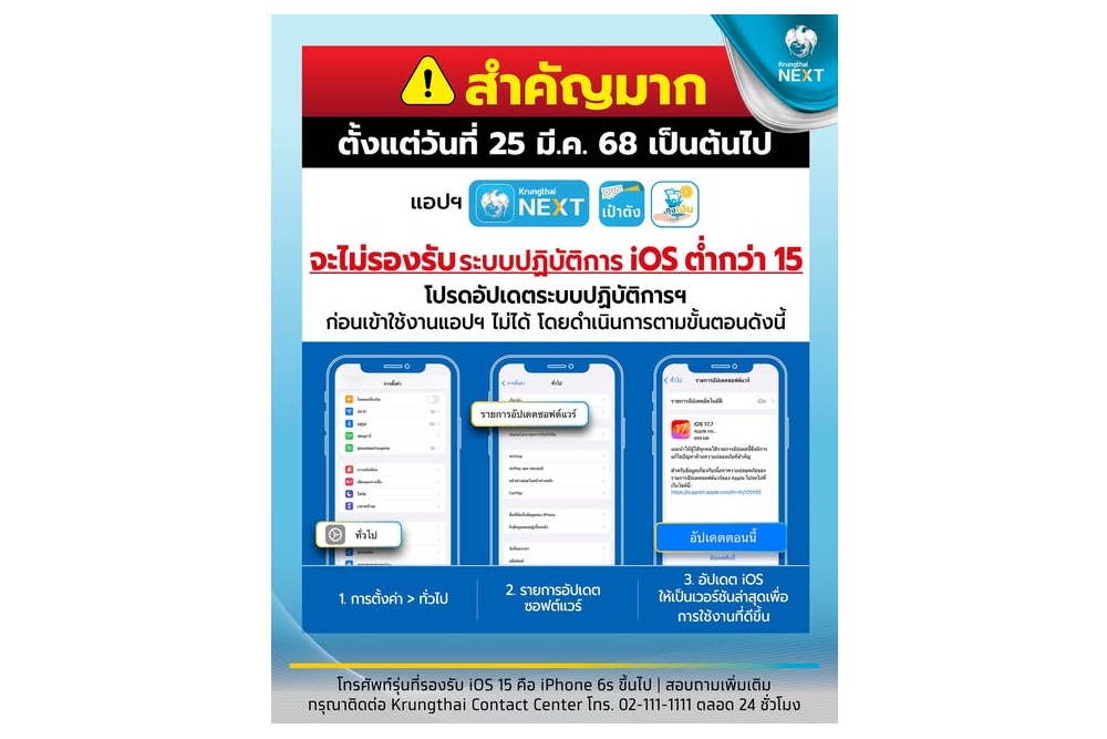 "ธนาคารกรุงไทย" เตือนสำคัญมาก ลูกค้าแอปฯ Krungthai NEXT รีบอัปเดตระบบก่อน 25 มี.ค.68 ไม่งั้นใช้งานไม่ได้