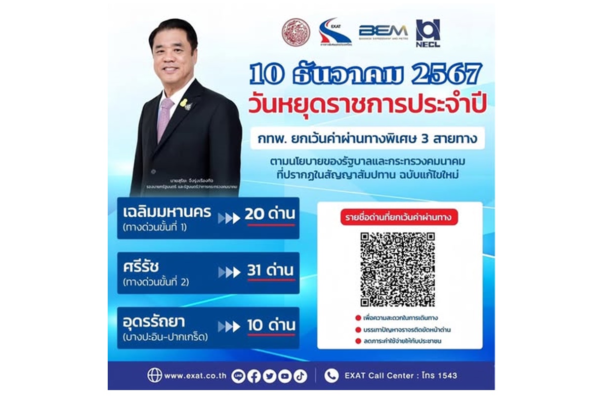 วันรัฐธรรมนูญ 10 ธ.ค.67 วิ่งทางด่วนฟรี 3 สายทาง รวม 61 ด่าน 