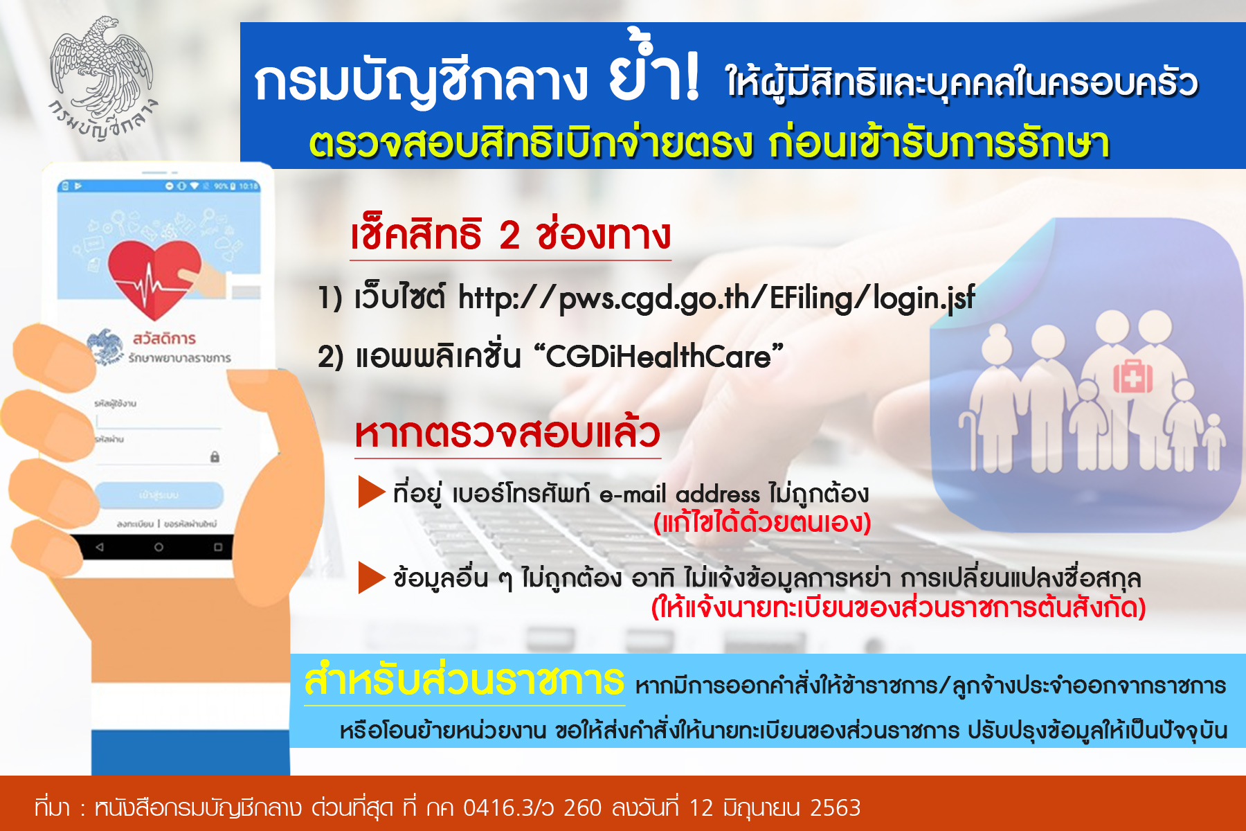 กรมบัญชีกลางให้ผู้มีสิทธิ-บุคคลในครอบครัวตรวจสอบสิทธิเบิกจ่ายตรงค่ารักษาพยาบาลก่อนเข้า รพ.