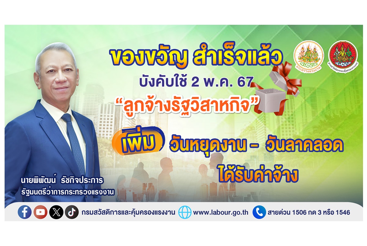 “พิพัฒน์” ให้ของขวัญ “ลูกจ้างรัฐวิสาหกิจ” สำเร็จแล้ว  เพิ่มวันหยุดงาน-เพิ่มวันลาคลอดได้รับค่าจ้าง เริ่มบังคับใช้ 2 พ.ค.67