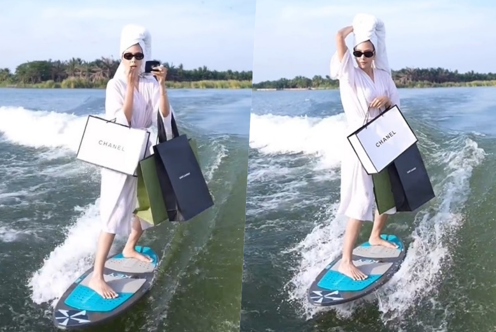 สกิลขั้นเทพ! “แซมมี่” ปัดแก้มทาปากหิ้วถุงแบรนด์เนมเล่นเซิร์ฟบอร์ด