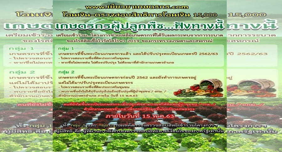 ขึ้นทะเบียนเกษตรกรวันสุดท้าย!! ย้ำตรวจสอบสิทธิรับเงินเยียยาได้ผ่านระบบออนไลน์