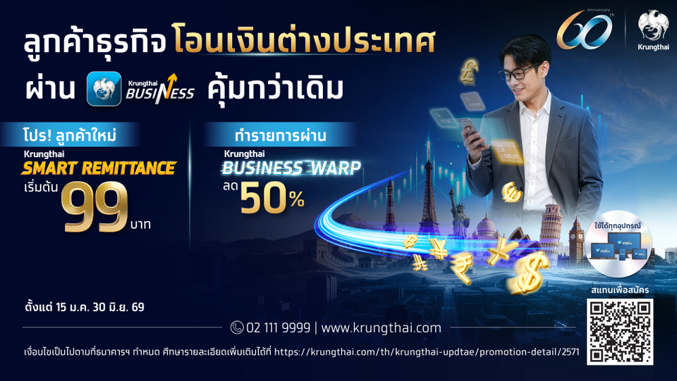กรุงไทยหนุนผปก.นำเข้า-ส่งออก จัดโปรฯ โอนเงินตปท. ค่าธรรมเนียมสุดคุ้ม เริ่มต้นเพียง 99 บาท ผ่าน Krungthai BUSINESS