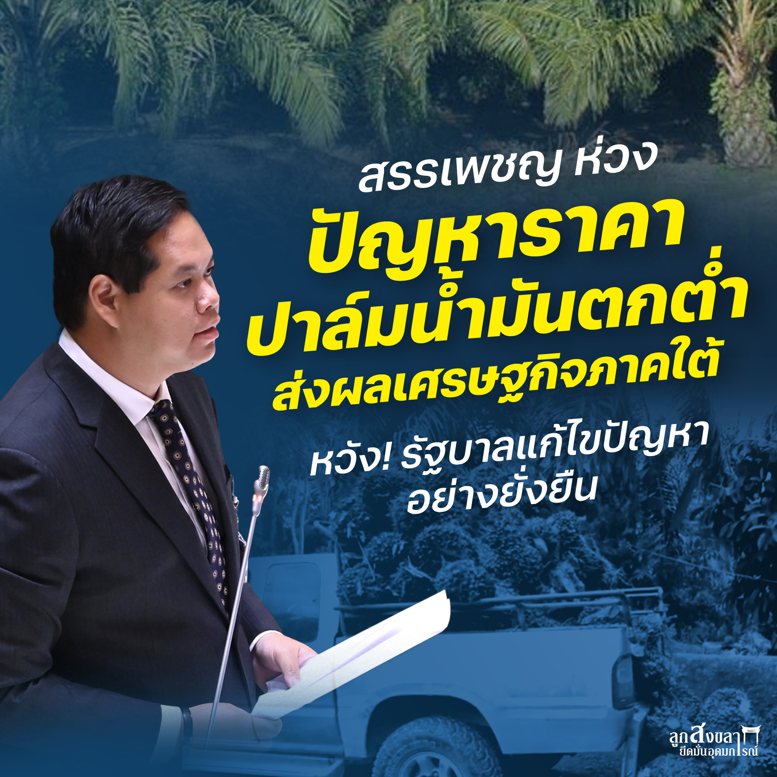 "สรรเพชญ" ห่วงราคาปาล์มน้ำมันตกต่ำ ส่งผลเศรษฐกิจภาคใต้ จี้ "ภูมิธรรม" ให้ความสำคัญเหมือน "ข้าว10ปี" 