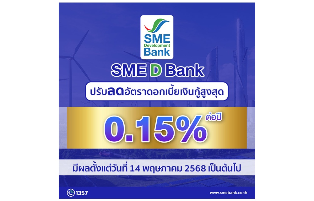 SME D Bank ลดดอกเบี้ยเงินกู้สูงสุด 0.15% ต่อปี มีผล 14 พ.ค.68 คู่เติมทุนสินเชื่อ ดบ.ต่ำคงที่ ช่วยเอสเอ็มอีลดภาระธุรกิจ