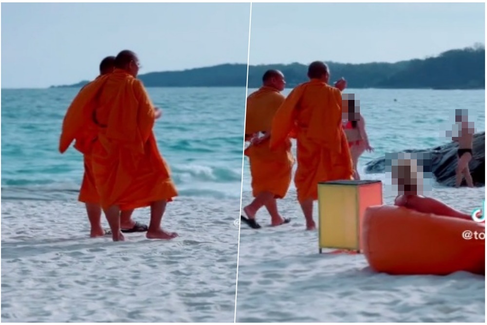 ชิลมาก! 3 สงฆ์เดินจงกรมชมทะเล ท่ามกลางแหม่มสวมบิกินี