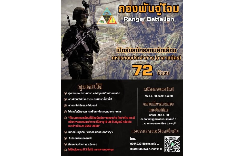 กองพันจู่โจม เปิดรับสมัครสอบคัดเลือกทหารกองประจำการ (อาสาสมัคร) จำนวน 72 อัตรา