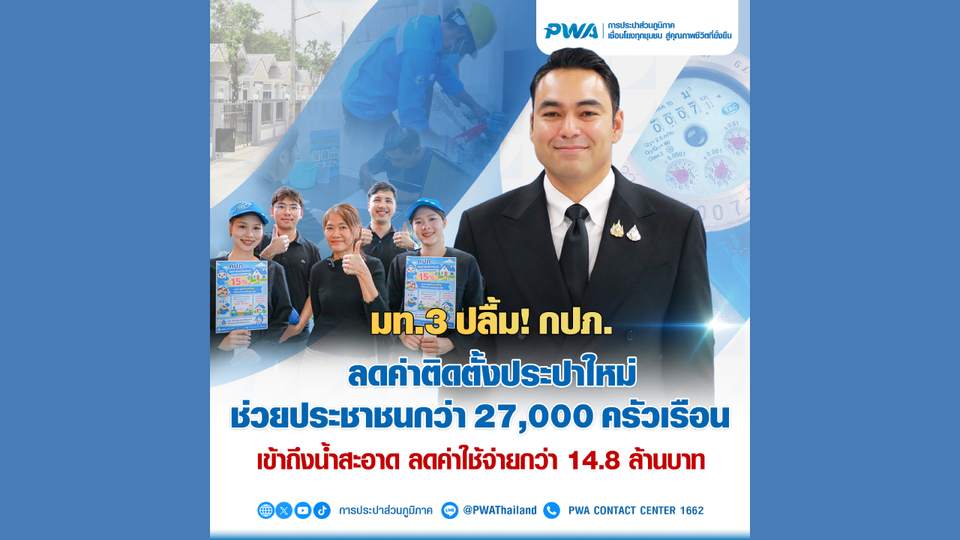 มท.3 ปลื้ม! กปภ. ลดค่าติดตั้งประปาใหม่ 15% ช่วย 27,477 ครัวเรือน ประหยัดกว่า 14.8 ล้านบาท
