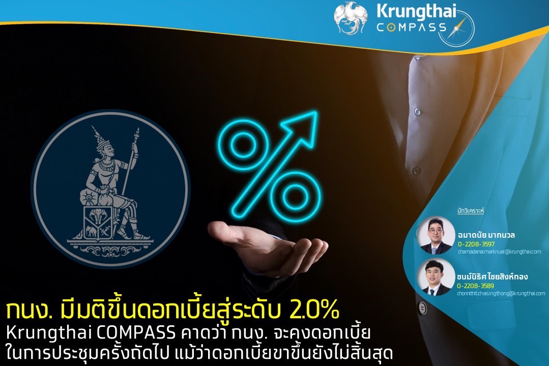 Krungthai COMPASS คาด กนง.คงดอกเบี้ยในการประชุมครั้งถัดไป รอจัดตั้งรัฐบาลชัดเจน ก่อนปลายปีปรับขึ้น 1 ครั้งสู่ระดับ 2.25%