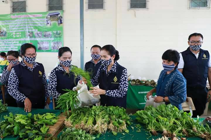 รองผู้ว่าฯยโสธร พร้อมด้วยชมรมแม่บ้านมหาดไทยให้กำลังใจพ่อค้าแม่ค้าและมอบถุงผ้าลดภาวะโลกร้อนในสถานการณ์โควิด-19 