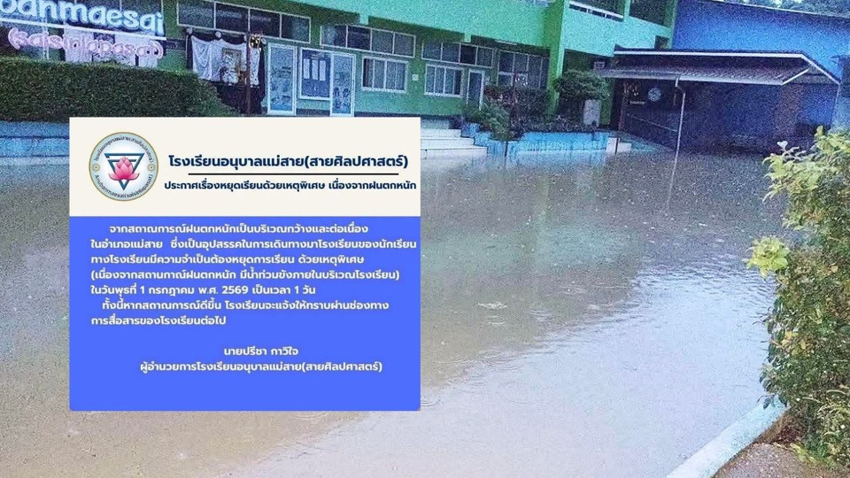 แม่สายฝนตกหนัก 48 ชม. โรงเรียนอนุบาลแม่สายสั่งปิด 1 วัน น้ำท่วมขัง-เดินทางลำบาก