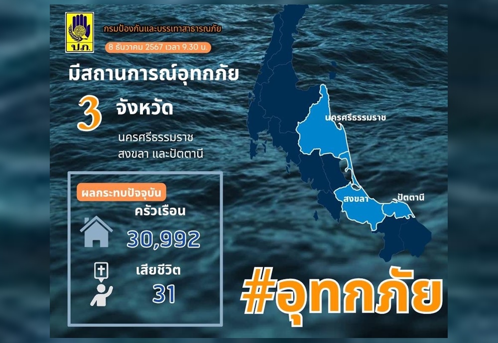 ปภ.รายงานสถาณการณ์น้ำท่วม3จังหวัดภาคใต้ ดับแล้ว31ศพ