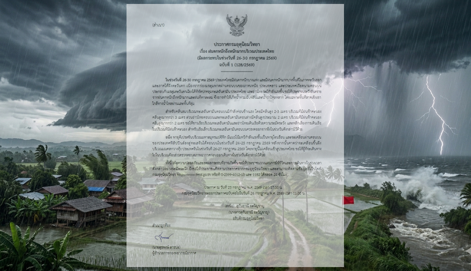 ด่วน! กรมอุตุฯ ออกประกาศฉบับ 1 เตือนฝนถล่ม 26-30 ก.ค.69 พื้นที่เสี่ยงฝนหนักมาก น้ำท่วมฉับพลัน-น้ำป่าไหลหลาก