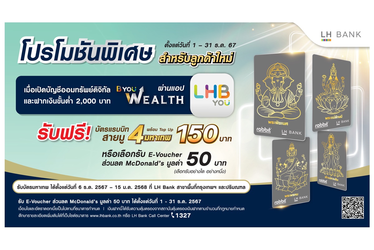 "LH Bank" เอาใจสายมูเตลูต้อนรับปีใหม่ รับพร 4 มหาเทพ เปิดบัญชีออมทรัพย์ดิจิทัล บียู เวลท์ ผ่านแอป LHB You