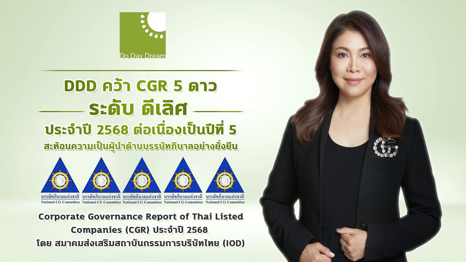  “DDD” คว้า CGR 5 ดาว ระดับ “ดีเลิศ” ประจำปี 2568 ต่อเนื่องเป็นปีที่ 5  สะท้อนความเป็นผู้นำด้านบรรษัทภิบาลอย่างยั่งยืน