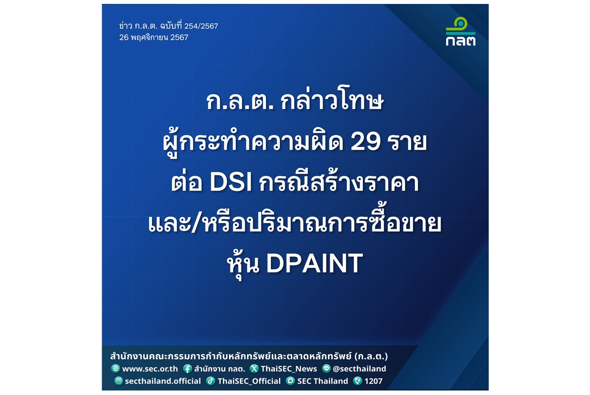 "ก.ล.ต." กล่าวโทษ "ตั้งคารวคุณ-พวกรวม 29 ราย" ต่อดีเอสไอปั่นหุ้น "DPAINT"