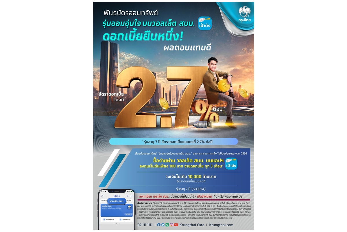 "กรุงไทย" พร้อมขายพันธบัตรวอลเล็ต สบม.รุ่นออมอุ่นใจ ผ่านแอปฯเป๋าตัง 10-23 พ.ค.66 