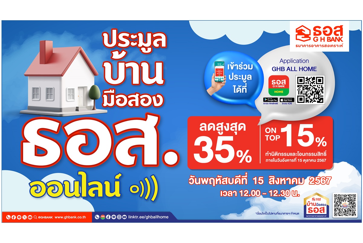 ธอส.ประมูลบ้านมือสองออนไลน์เดือนส.ค.พบทรัพย์เด่นกว่า 1,800 รายการทั่วประเทศ ลดราคาสูงสุดถึง 35% และ On Top อีก 15%