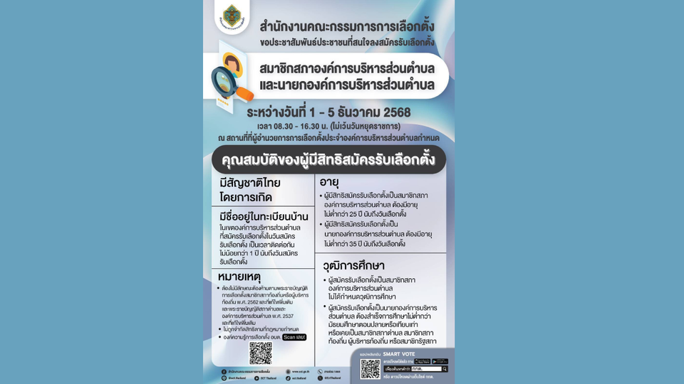กกต. ขอเชิญชวนสมัครรับเลือกตั้ง สมาชิกสภา อบต. และนายก อบต. ระหว่างวันที่ 1 - 5 ธันวาคม 2568