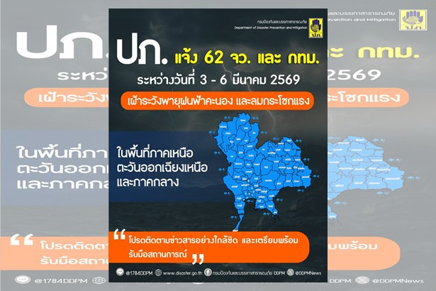 ปภ.เตือน 62 จังหวัด! เหนือ–อีสาน–กลาง–กทม. รับมือพายุฤดูร้อน “ฝนถล่ม-ลมแรง-ลูกเห็บเสี่ยงหนัก” 3–6 มี.ค.69