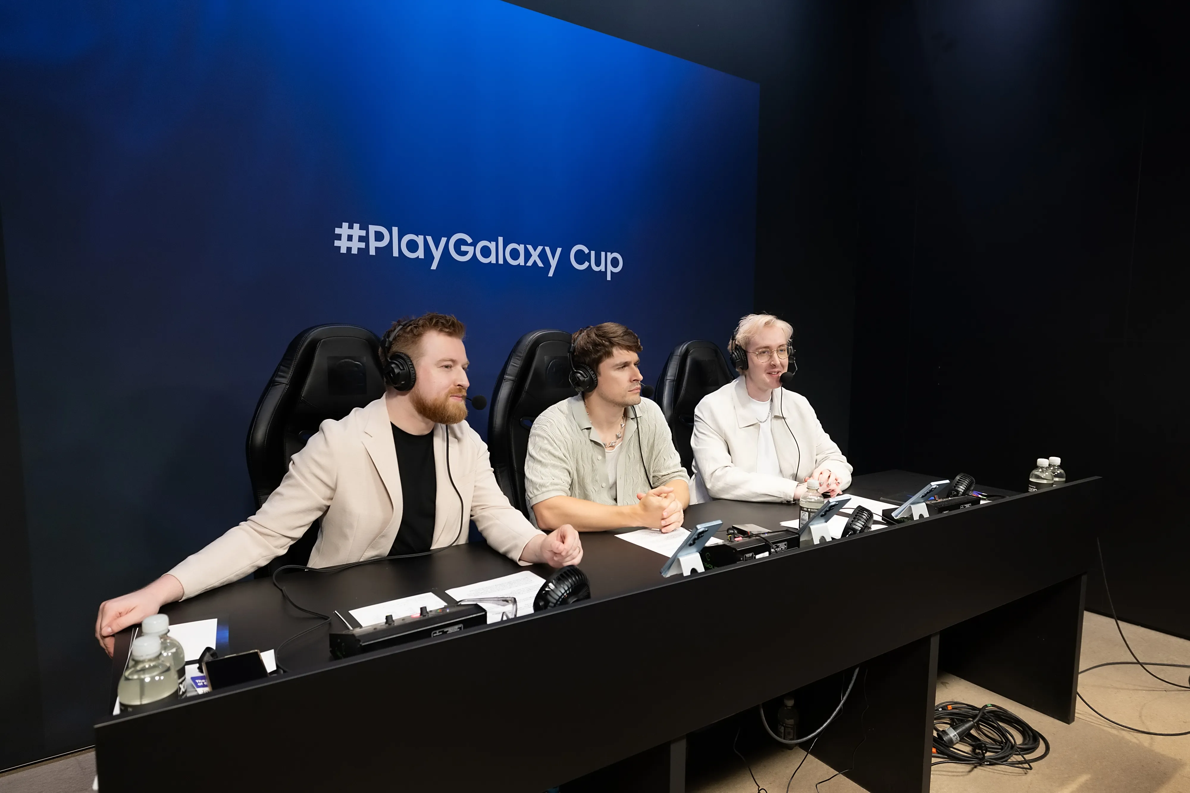 The Play Galaxy Cup World Final Broadcast in Action. From Left Professional Caster Kaelaris, Global Streamer Ludwig, And