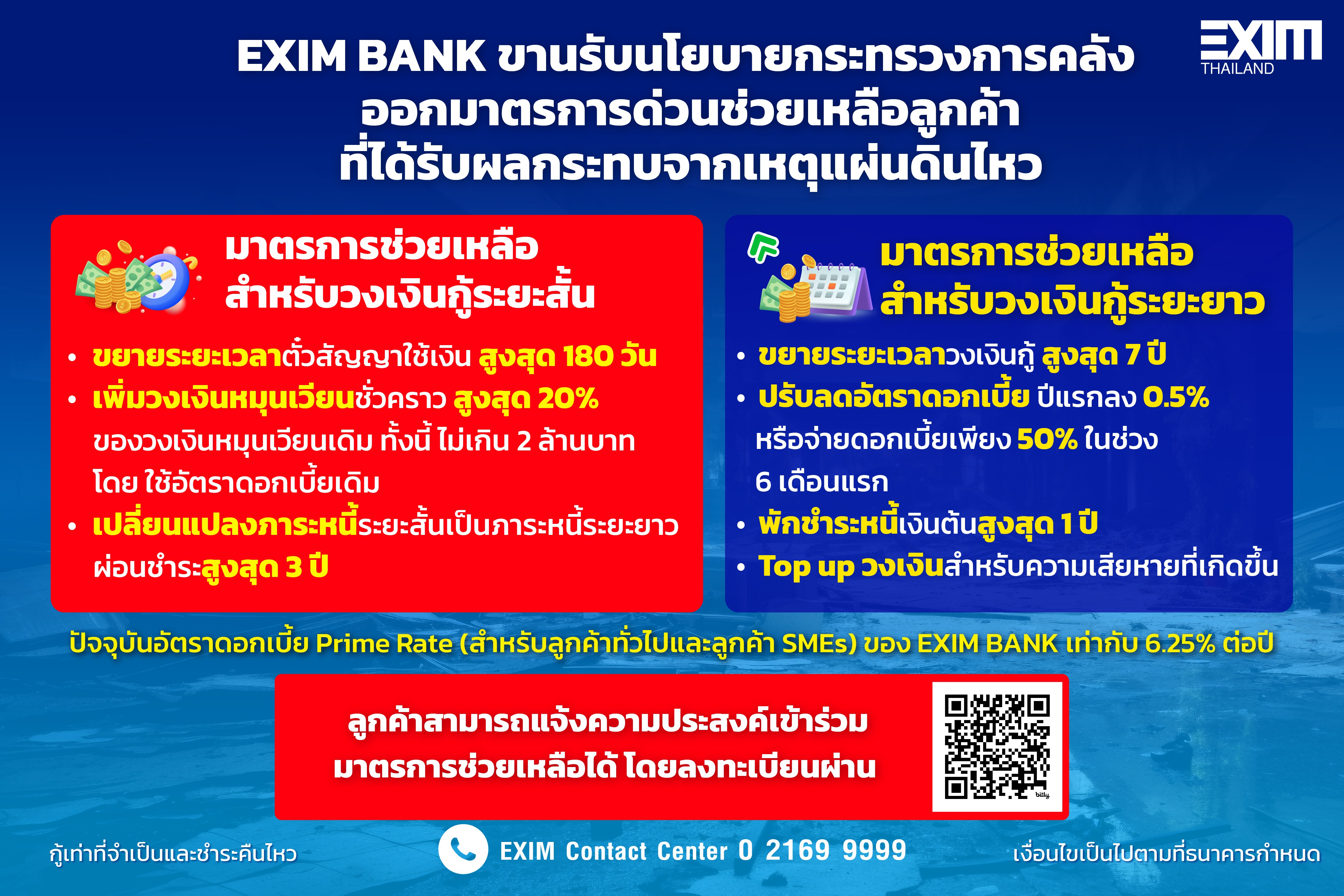 EXIM BANK ขานรับนโยบายกระทรวงการคลัง ออกมาตรการด่วนช่วยเหลือลูกค้าได้รับผลกระทบจากเหตุแผ่นดินไหว