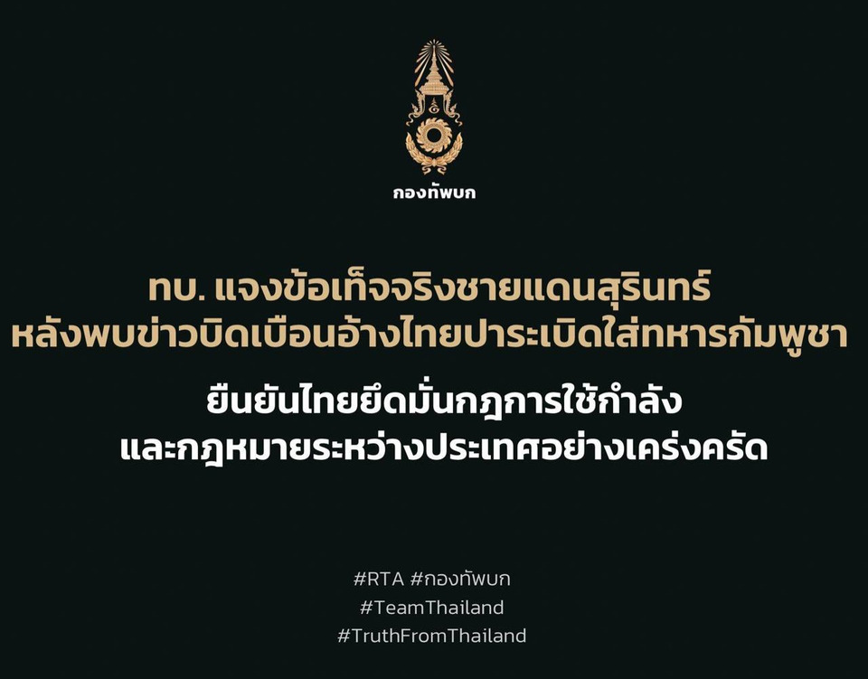 ทบ.โต้ข่าวบิดเบือนชายแดนสุรินทร์ ย้ำไทยไม่ใช้กำลัง ยึดกฎหมายระหว่างประเทศ 