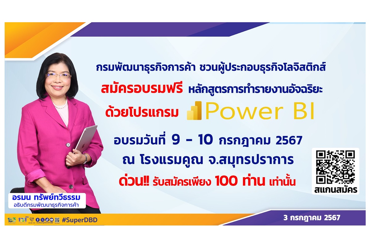 พณ.ดึงผู้ประกอบธุรกิจให้บริการโลจิสติกส์สมัครอบรมฟรี หลักสูตรใช้ข้อมูลในองค์กรมาทำรายงานอัจฉริยะด้วยโปรแกรม MS Power BI
