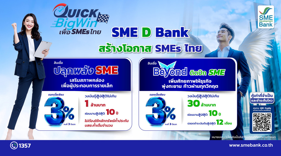 SME D Bank ทุ่ม 2 หมื่นล. เปิดตัวคู่หูสินเชื่อสุดพิเศษ ดบ.ต่ำเพียง 3% ต่อปี ติดปีกเอสเอ็มอีเข้าถึงแหล่งทุน
