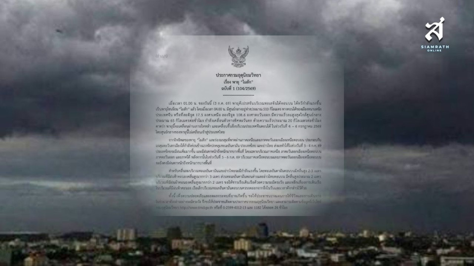 ด่วน! กรมอุตุฯ ประกาศพายุโซนร้อน "ไมสัก" ฉบับ 1 เตือนฝนถล่มหนัก 3-6 ก.ค. คลื่นแรง เรือเล็กงดออกฝั่ง
