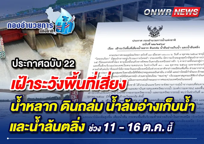กอนช. ประกาศเตือน พื้นที่เสี่ยงน้ำหลาก-ดินถล่ม-น้ำล้นอ่าง-น้ำล้นตลิ่ง